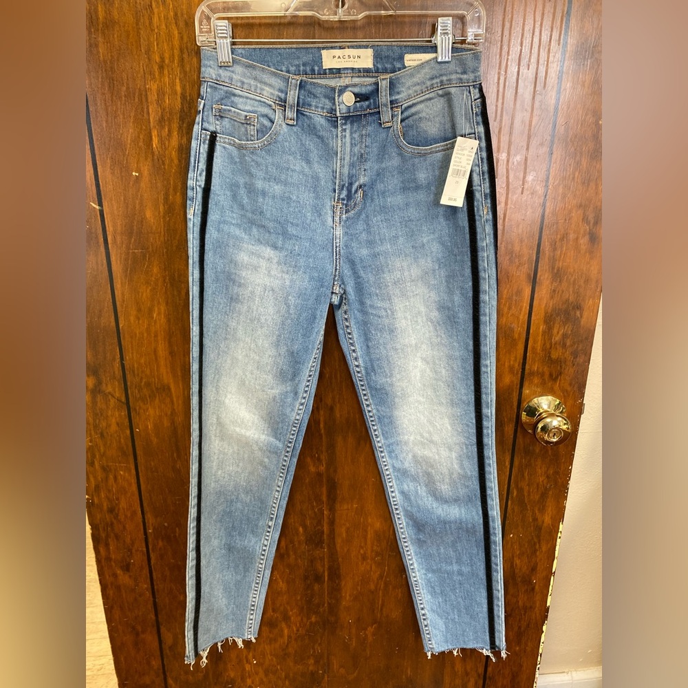 NWT PACSUN Velvet Side Stripe Raw Hem Ankle Jeans *Vintage Icon Women’s Size 25